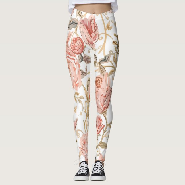 Beautiful  Pink Roses ,Gold , Luxury elegant Leggings (Framsida)
