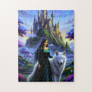 Beautiful Princess with Majestic Wolf Pussel