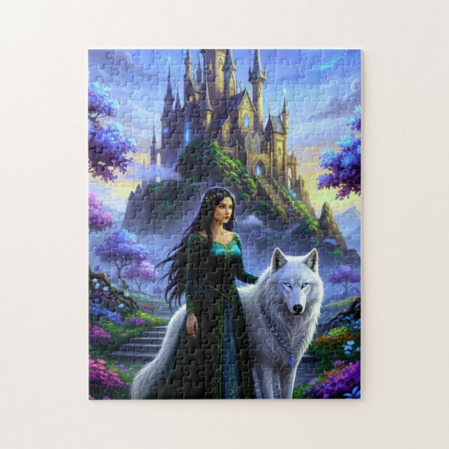Beautiful Princess with Majestic Wolf Pussel (Vertikal)