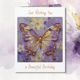 Beautiful Purple Butterfly and Flowers Birthday Kort