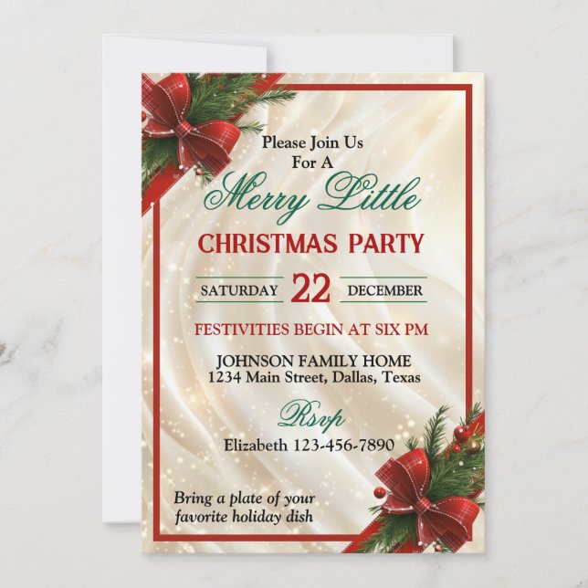 Beautiful Red Bow and Ribbon Christmas Party Inbjudningar (Framsida)