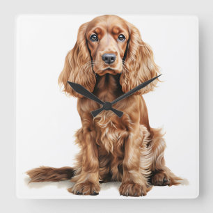 BEAUTIFUL RED ENGLISH COCKER SPANIEL HUND FYRKANTIG KLOCKA