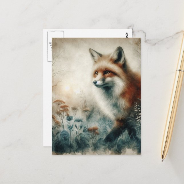 Beautiful Red Fox Watercolor Vykort (Fram/Back In Situ)
