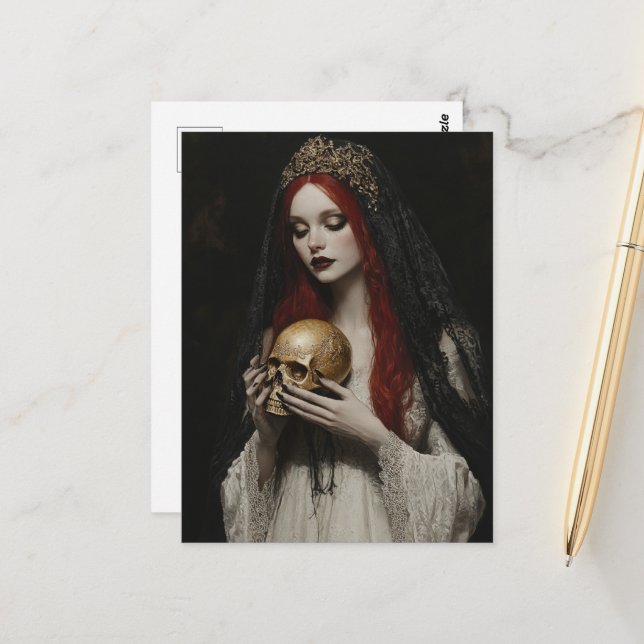 Beautiful Red Haired Woman With a Skull Vykort (Fram/Back In Situ)