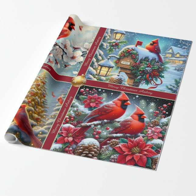 Beautiful Red Winter Cardinals Wrapping Paper Presentpapper (Utrullad)