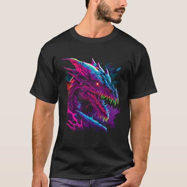 Beautiful Retrowave Dragon  Fantasy Cool Festival T Shirt (Framsida)