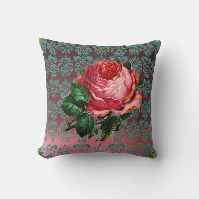 BEAUTIFUL ROSA ROS AQUA BLUE,TEAL DAMASK KUDDE (Framsida)