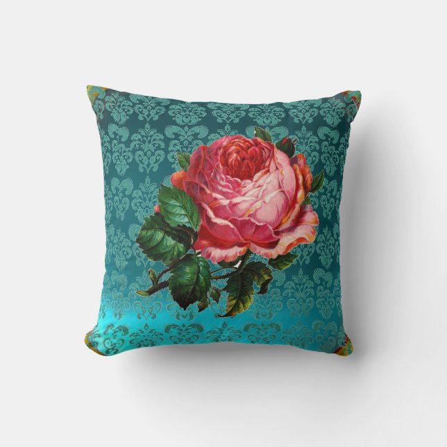BEAUTIFUL ROSA ROS AQUA BLUE,TEAL DAMASK KUDDE (Framsida)