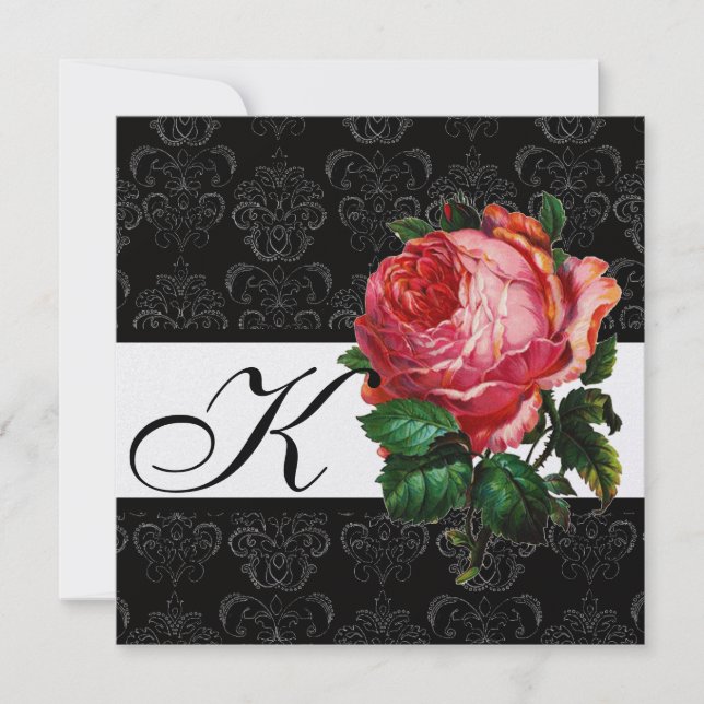 BEAUTIFUL ROSA ROS BLACK WHITE DAMASK MONOGRAM INBJUDNINGAR (Framsida)