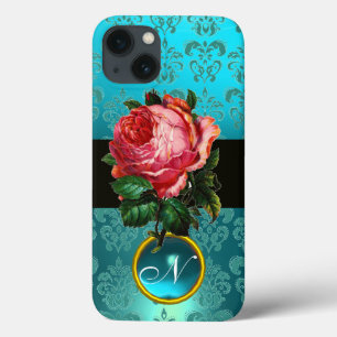 BEAUTIFUL ROSA ROS BLUE TEAL DAMASK GEM MONOGRAM