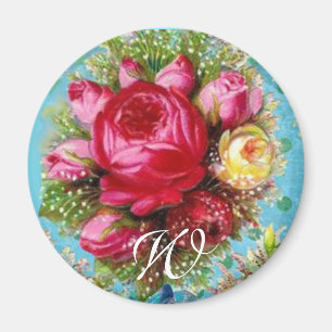 BEAUTIFUL ROSA ROS OCH BLÅA BLOMMOR Monogram Magnet