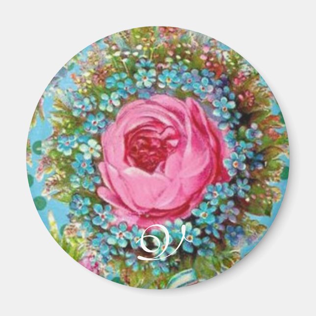 BEAUTIFUL ROSA ROS OCH BLÅA BLOMMOR Monogram Magnet (Framsidan)