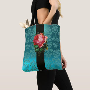 BEAUTIFUL ROSA ROS TEAL AQUA BLUE BLACK DAMASK TYGKASSE