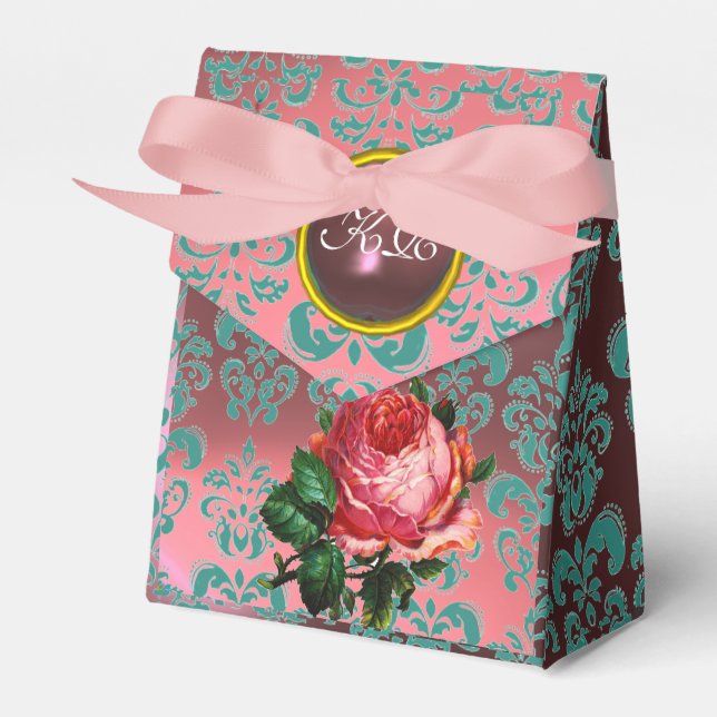 BEAUTIFUL ROSA ROS,TEAL BLUE DAMASK GEM MONOGRAM PRESENTASKAR (Framsidan Sidan)