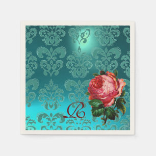 BEAUTIFUL ROSA ROS,TEAL BLUE DAMASK MONOGRAM PAPPERSSERVETT