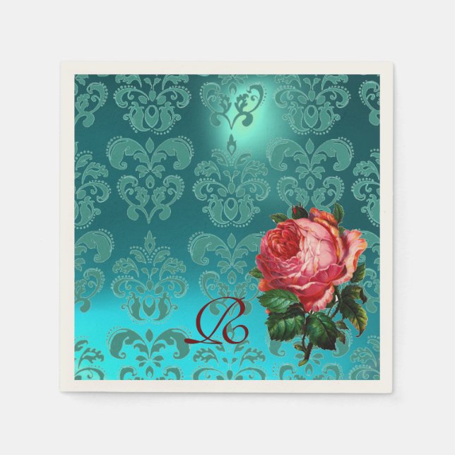 BEAUTIFUL ROSA ROS,TEAL BLUE DAMASK MONOGRAM PAPPERSSERVETT (Framsidan)