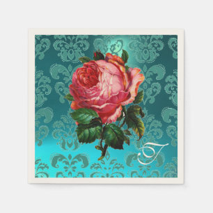 BEAUTIFUL ROSA ROS,TEAL BLUE DAMASK MONOGRAM PAPPERSSERVETT