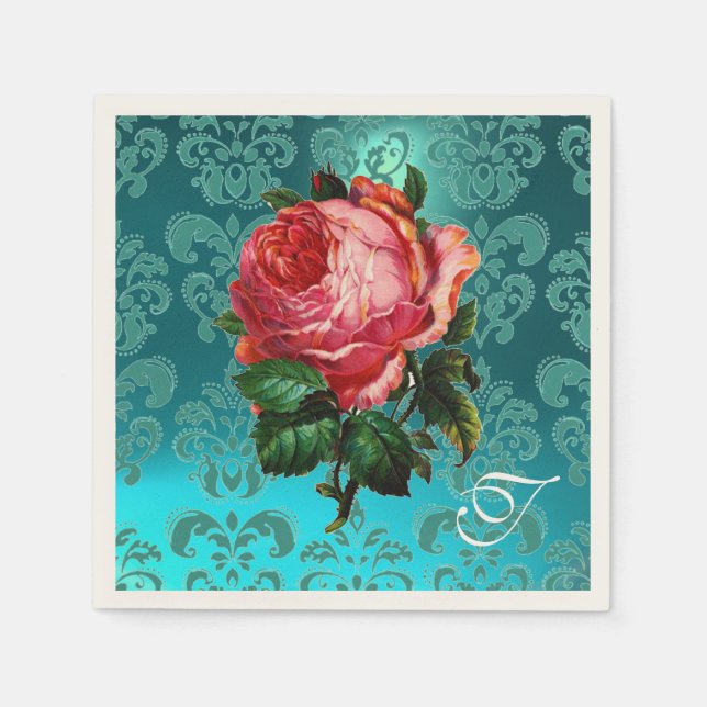 BEAUTIFUL ROSA ROS,TEAL BLUE DAMASK MONOGRAM PAPPERSSERVETT (Framsidan)