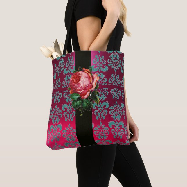 BEAUTIFUL ROSA ROS TEAL BLUE FUCHSIA BLACK DAMASK TYGKASSE (Närbild)