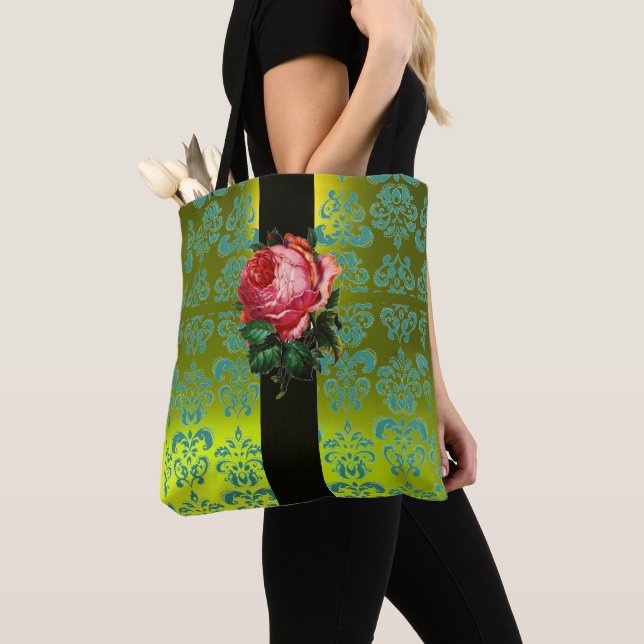 BEAUTIFUL ROSA ROS TEAL BLUE GULT BLACK DAMASK TYGKASSE (Närbild)