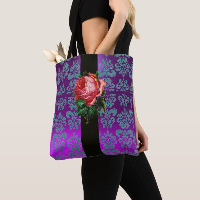 BEAUTIFUL ROSA ROS TEAL BLUE LILA BLACK DAMASK TYGKASSE (Närbild)