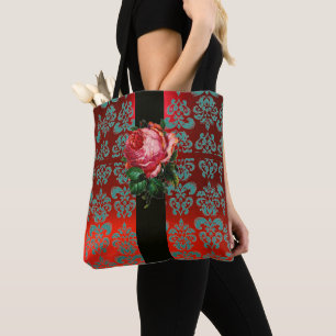 BEAUTIFUL ROSA ROS TEAL BLUE RED BLACK DAMASK TYGKASSE