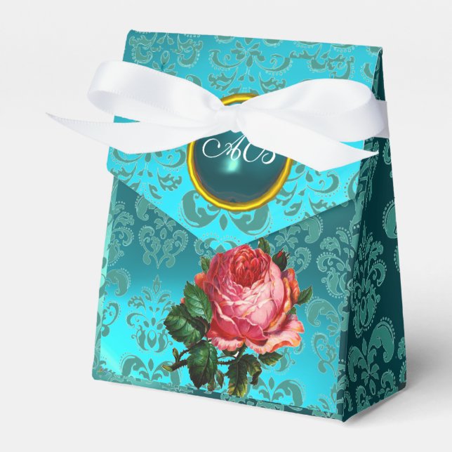 BEAUTIFUL ROSA ROS,TEAL DAMASK BLUE GEM MONOGRAM PRESENTASKAR (Framsidan Sidan)