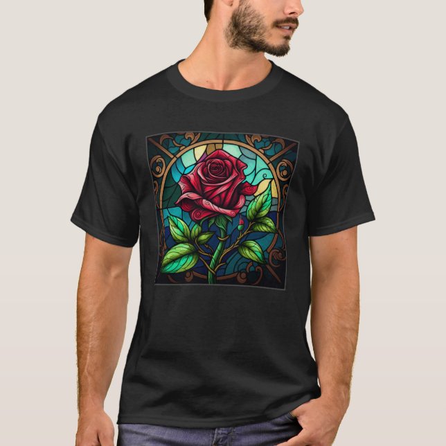 Beautiful Roses Illustration Stained Glass Realist T Shirt (Framsida)