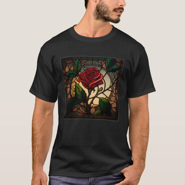 Beautiful Roses Illustration Stained Glass Realist T Shirt (Framsida)