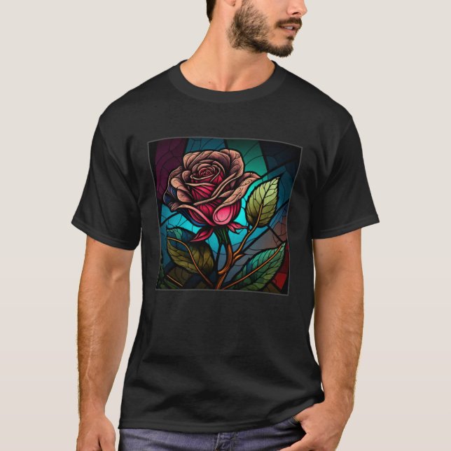 Beautiful Roses Illustration Stained Glass Realist T Shirt (Framsida)