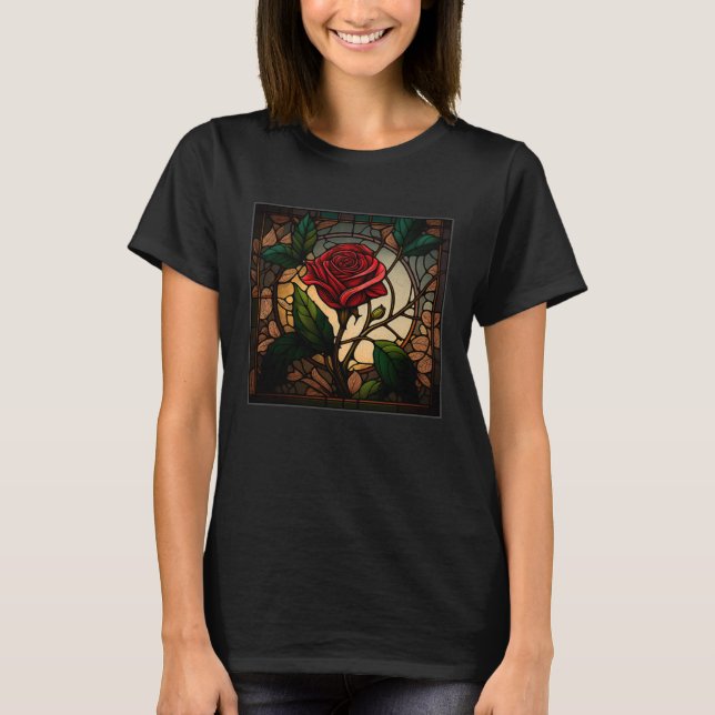 Beautiful Roses Illustration Stained Glass Realist T Shirt (Framsida)