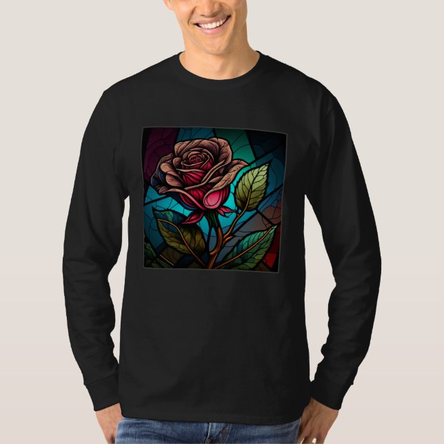Beautiful Roses Illustration Stained Glass Realist T Shirt (Framsida)