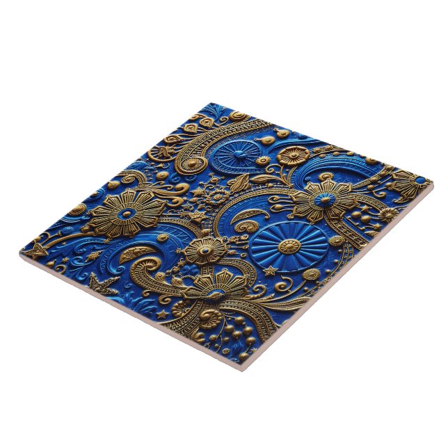 Beautiful Royal Blue & Gold Floral Abstract Kakelplatta (Sidan)