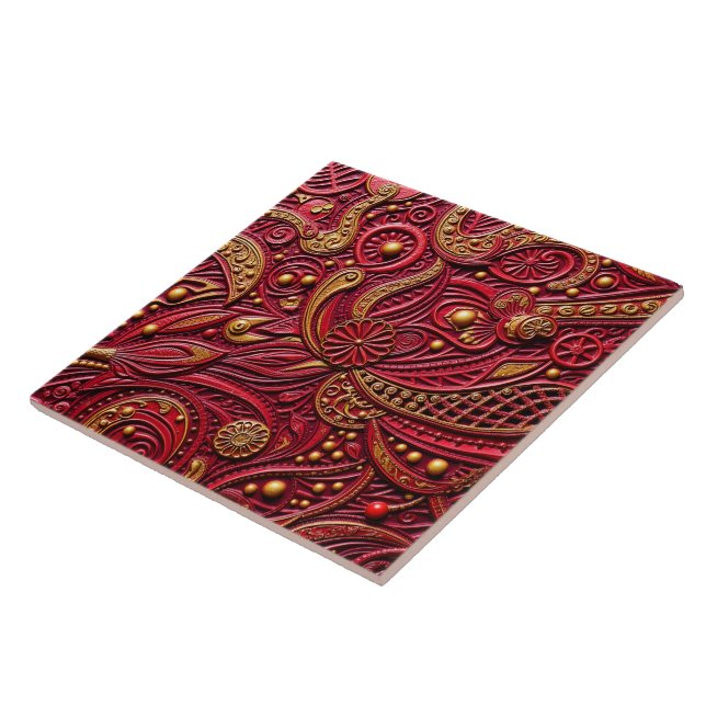 Beautiful Ruby Red & Gold Floral Abstract Kakelplatta (Sidan)
