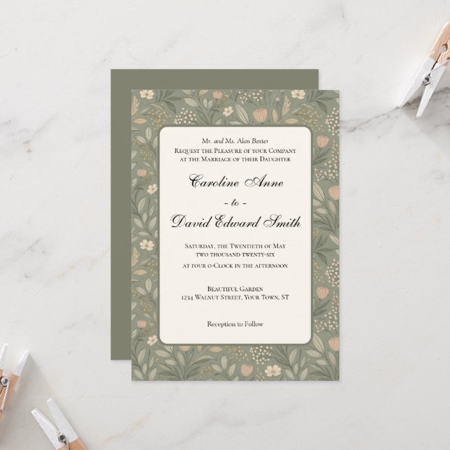 Beautiful Soft Flowers on Sage Green Muted Earthy Inbjudningar (Fram/Back In Situ)