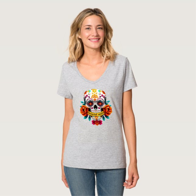 Beautiful Souls Sugar Skull Rose Banner Art T Shirt (Hel framsida)