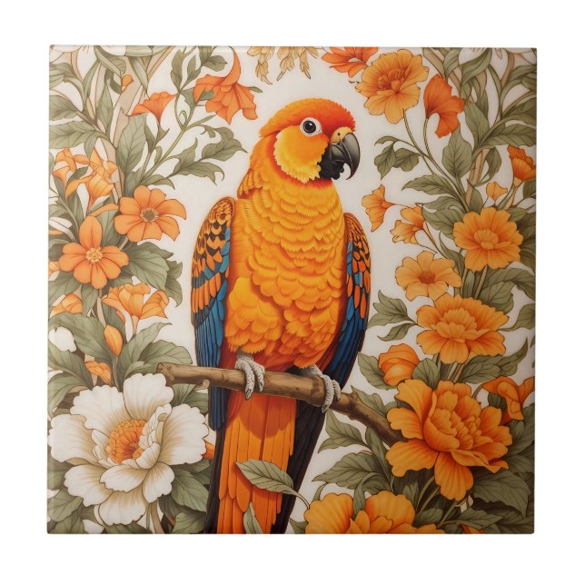 Beautiful Sun Conure William Morris Inspired Kakelplatta (Framsidan)