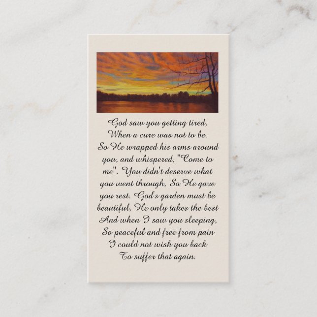 Beautiful Sunset on a Lake Memorial Prayer Card Visitkort (Framsida)