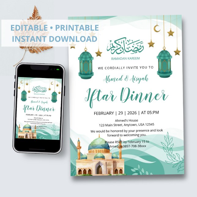 Beautiful Teal Watercolor Mosque Iftar Invitation Inbjudningar (Skapare uppladdad)