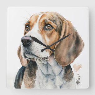BEAUTIFUL TRI-FÄRGAD BEAGLE HOUND HUND FYRKANTIG KLOCKA