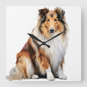 BEAUTIFUL TRI-FÄRGAD LONG HAIRED COLLIE HUND FYRKANTIG KLOCKA