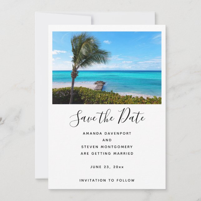 Beautiful Tropical Beach Breezy Palm Tree Wedding Spara Datumet (Framsida)