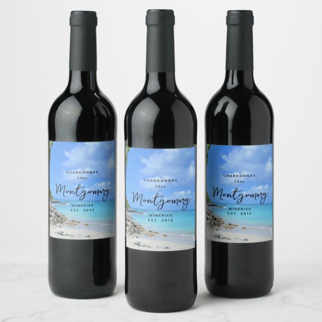 Beautiful Turquoise Tropical Beach Wine Making Vinflaska Etikett (Flaskor)