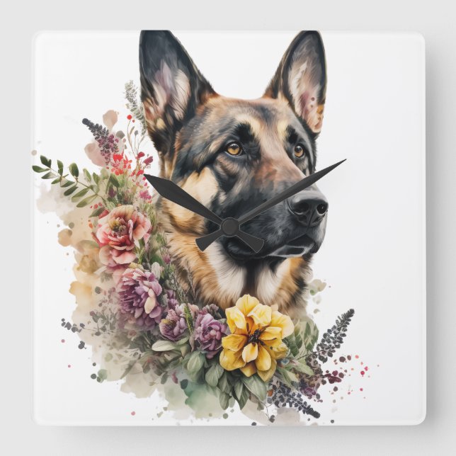BEAUTIFUL TYMAN SHEPHERD HUND MED WILDFLOWERS FYRKANTIG KLOCKA (Framsida)