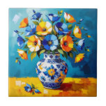 Beautiful Vase of Flowers  Kakelplatta<br><div class="desc">Beautiful tile with a beautiful impasto style ai illustration of blue and orange flowers in a fancy vase.</div>