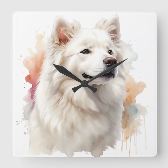 BEAUTIFUL VITFLUFFY SAMOYED HUND FYRKANTIG KLOCKA (Framsida)
