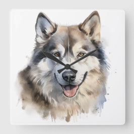 BEAUTIFUL WATERCOLOR ALASKAN MALAMUTE HUND FYRKANTIG KLOCKA