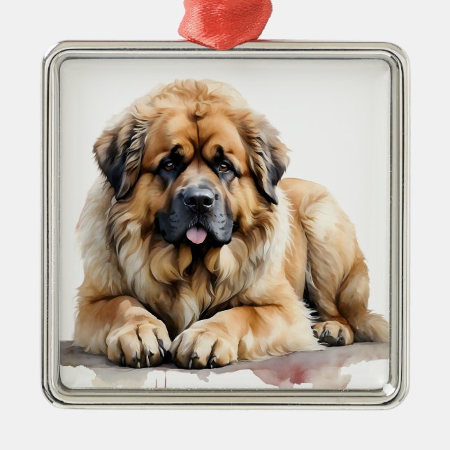 BEAUTIFUL WATERCOLOR BROWN LEONBERGER HUND JULGRANSPRYDNAD METALL (Framsidan)