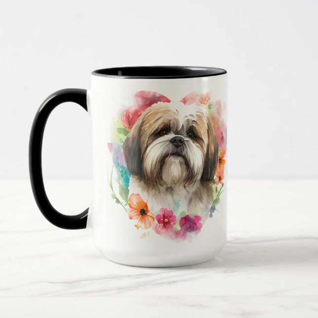 BEAUTIFUL WATERCOLOR BROWN WHITE LHASA APSO HUND MUGG (Vänster)