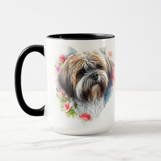 BEAUTIFUL WATERCOLOR BROWN WHITE LHASA APSO HUND MUGG (Vänster)